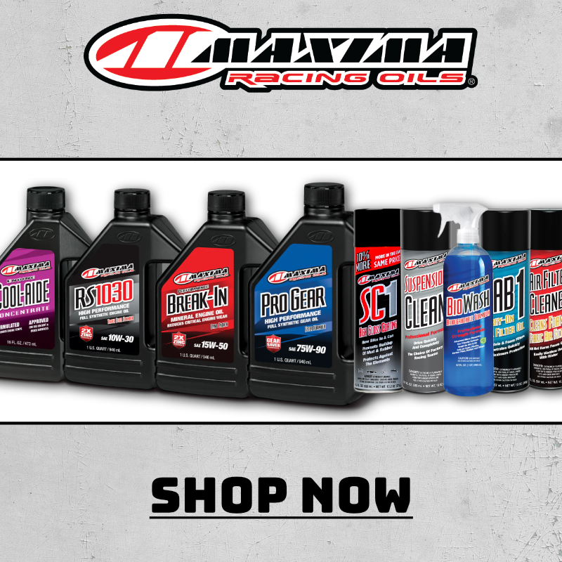 Maxima Racing Oils Banner, showing oils, coolants, cleaner sprays and air filter oil.