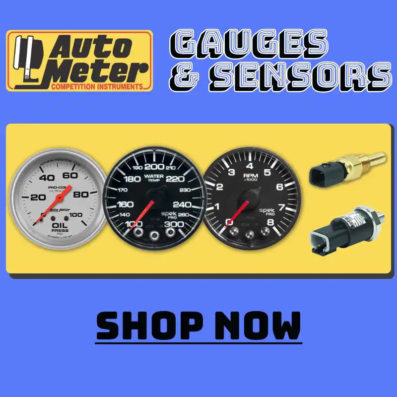 AutoMeter shop now banner with 3 racing gauges and 2 sensors.