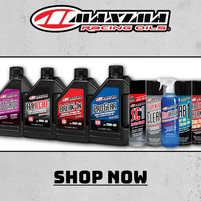 Maxima Racing Oils Banner, showing oils, coolants, cleaner sprays and air filter oil.